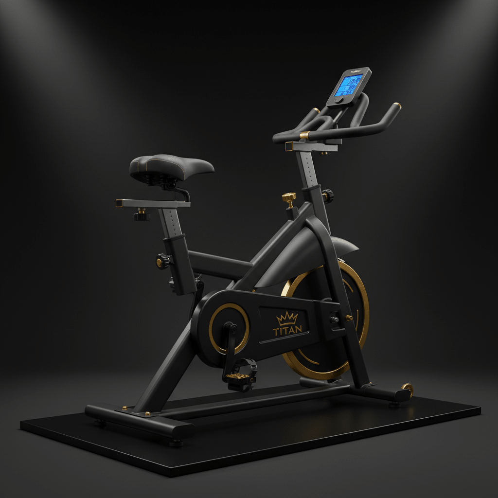 TITAN Stationary Exercise Bike — Matte black with gold crown accents, LCD display, home cardio machine