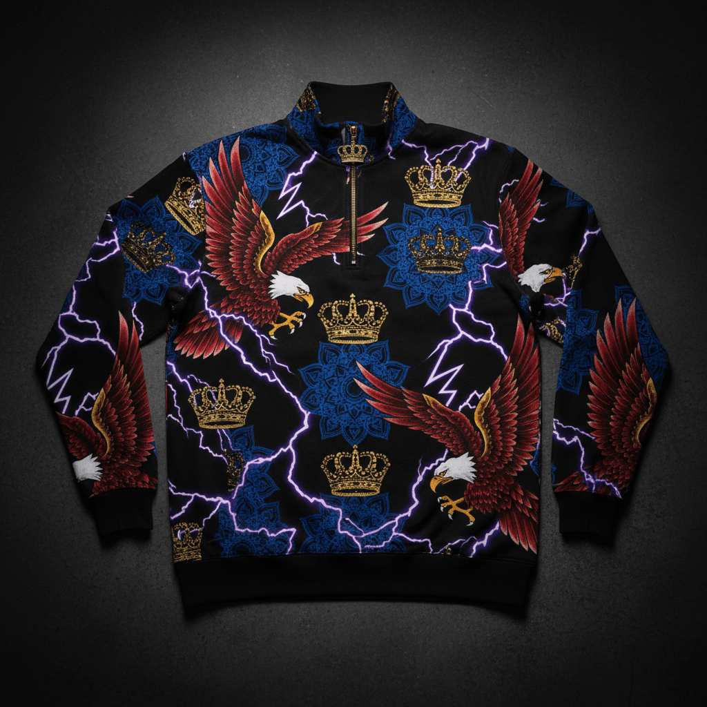 TITAN Crown Edition Tattoo Art Men's Lounge Quarter-Zip Pullover - bold colorful tattoo artwork on matte black French terry