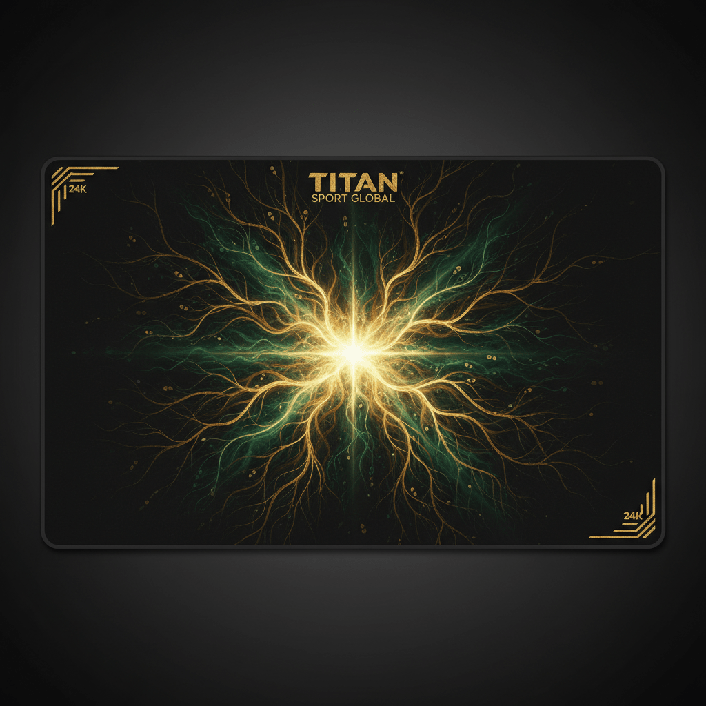 TITAN Grounding Recovery Mat in matte black with 24K gold accents and glowing earth energy root pattern artwork in forest green and gold