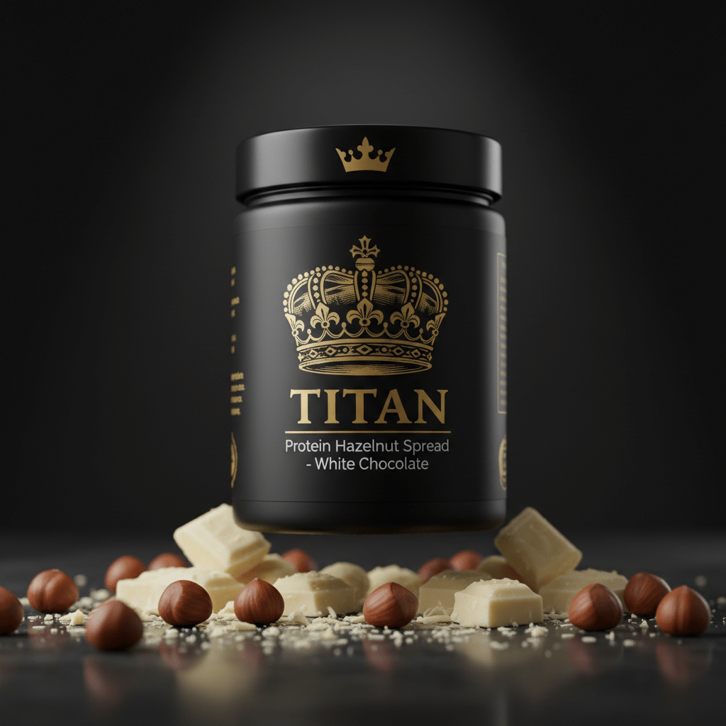 TITAN Protein Hazelnut Spread – White Chocolate, matte black jar with gold crown tattoo artwork, roasted hazelnuts and white chocolate chunks