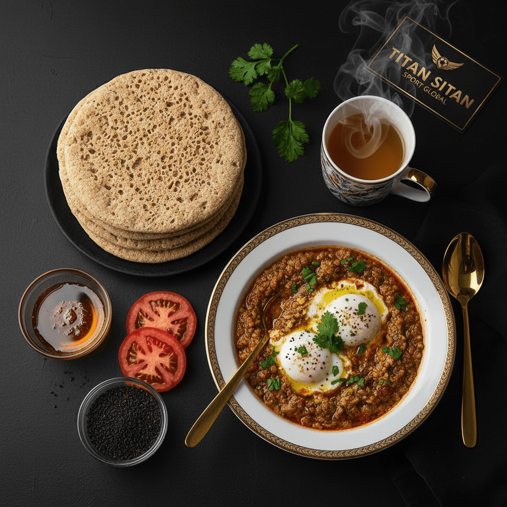 TITAN Yemeni Saltah Egg Power Breakfast flat lay dark luxury