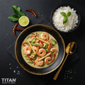 TITAN Thai Green Curry Shrimp Lunch Bowl flat lay dark luxury