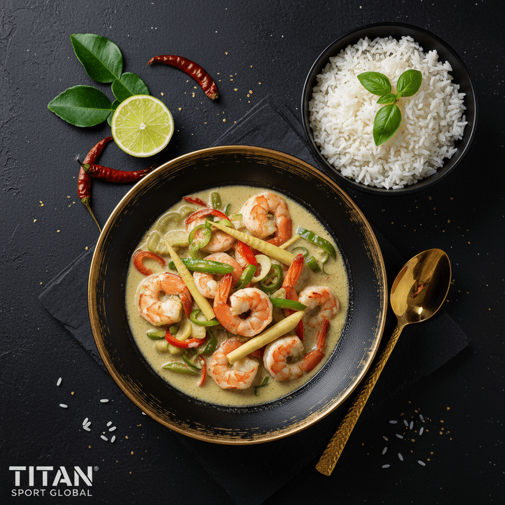 TITAN Thai Green Curry Shrimp Lunch Bowl flat lay dark luxury