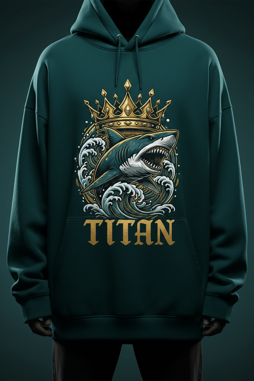 TITAN Shark Crown Oversized Hoodie in Deep Teal with gold shark crown graphic