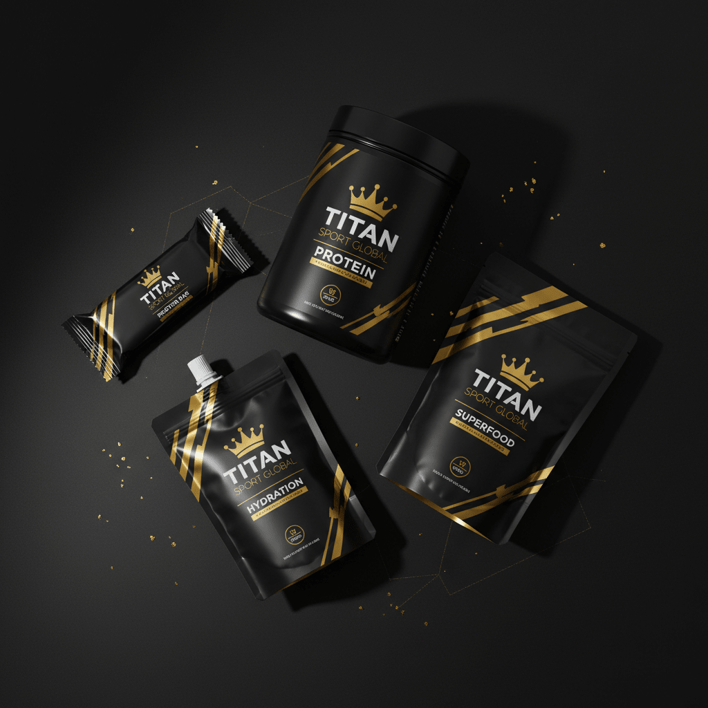 TITAN Complete Nutrition Day Pack — Protein Powder, Protein Bar, Electrolyte Drink & Superfood Greens flat lay