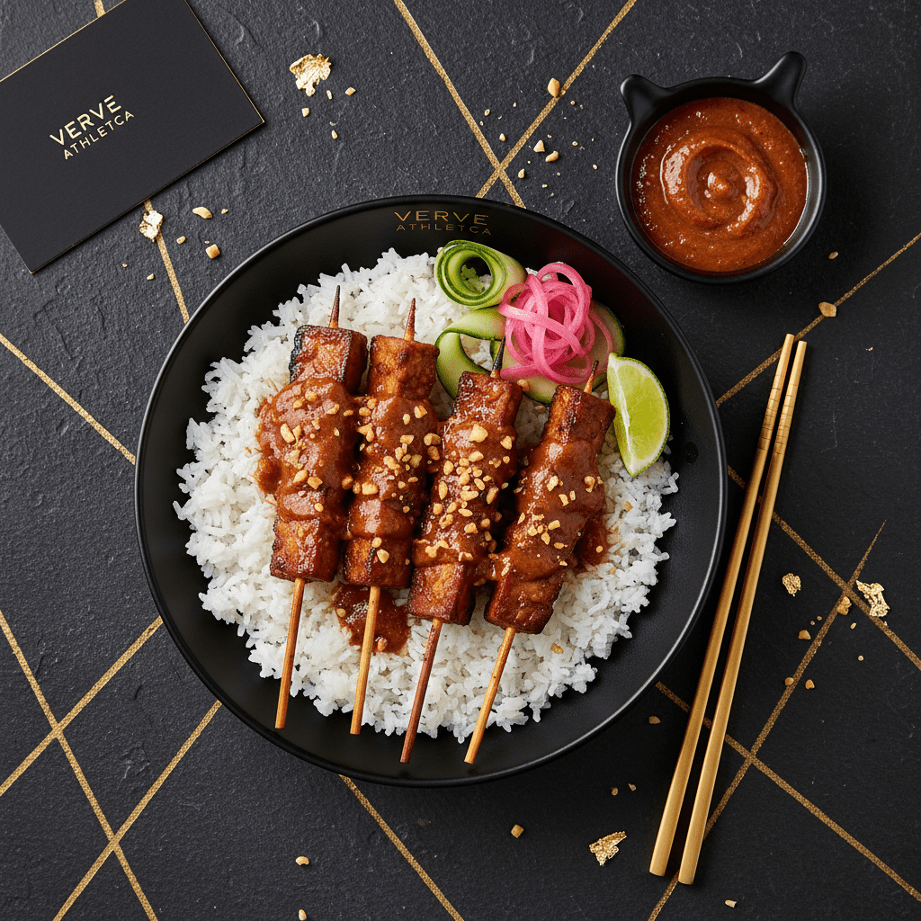 Tempeh satay skewers with peanut sauce and white rice in a black bowl, with pickled onions, lime, and gold chopsticks.