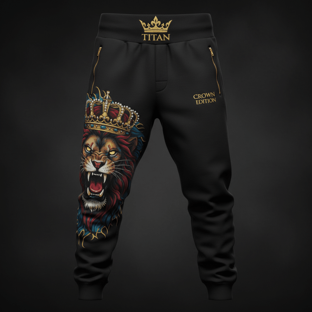 Black Titan joggers with gold zippers, "Crown Edition" text, and a vibrant crowned lion graphic on the right leg.