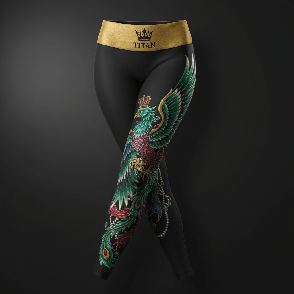 Black high-waisted performance leggings with gold TITAN logo band and an intricate, colorful phoenix and crown graphic.