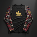 Black long-sleeve performance shirt with gold TITAN logo and crown, featuring intricate tiger and crown sleeve art.