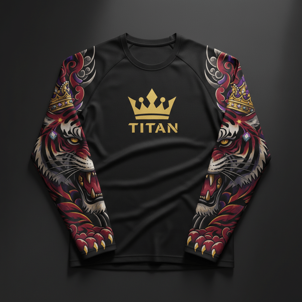 Black long-sleeve performance shirt with gold TITAN logo and crown, featuring intricate tiger and crown sleeve art.