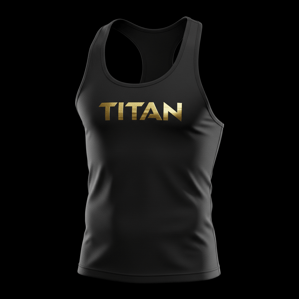 Black muscle tank stringer featuring a metallic gold "TITAN" logo centered on the chest, isolated on black.