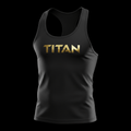 Black muscle tank stringer featuring a metallic gold "TITAN" logo centered on the chest, isolated on black.