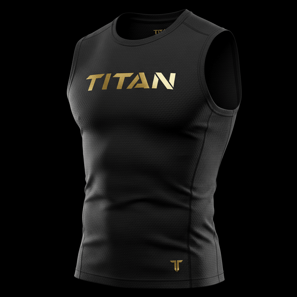 Black sleeveless compression training vest with metallic gold TITAN chest logo and small T logo on lower hem.