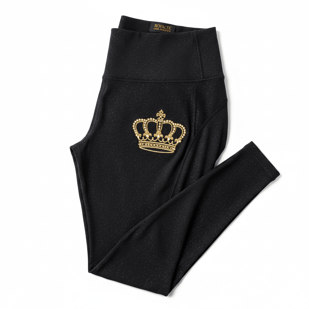 Black high-waisted leggings with a subtle glitter finish and a gold embroidered crown logo on the side.
