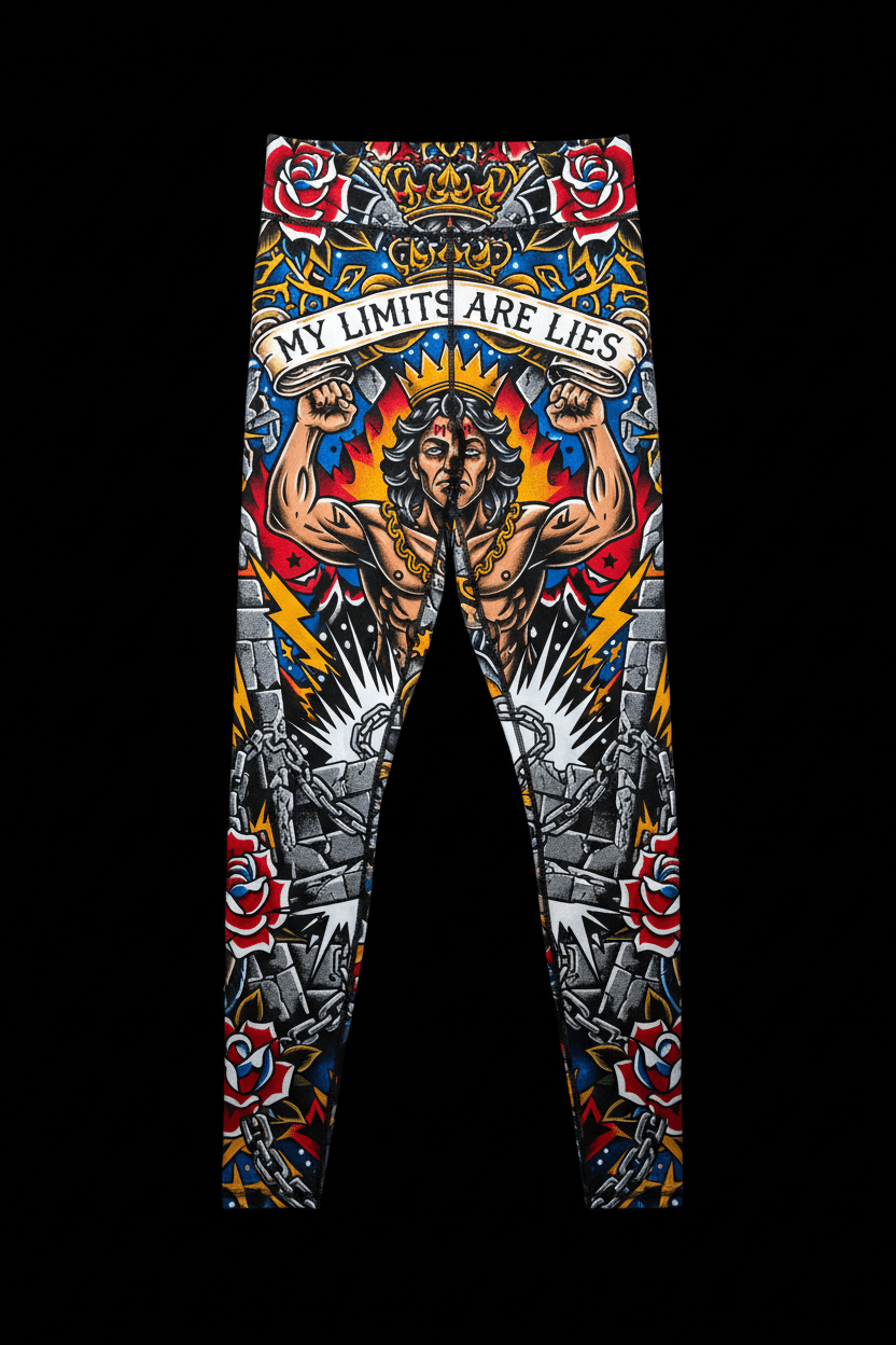 Titan Sport leggings with tattoo-style art, a crowned figure, broken chains, and "My Limits Are Lies" text.