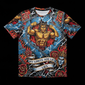 Titan Sport t-shirt featuring a muscular figure breaking chains with "My Limits Are Lies" text and vibrant rose art.