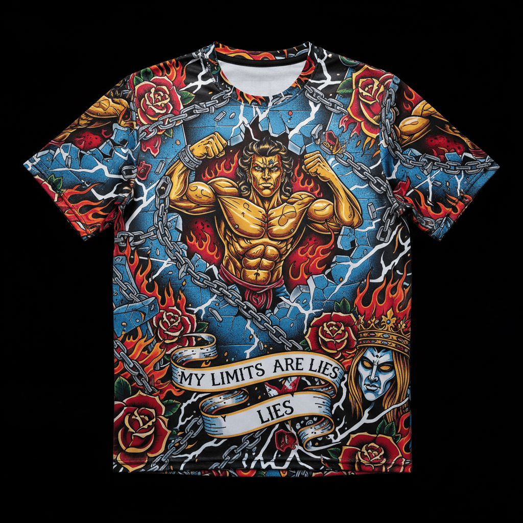 Titan Sport t-shirt featuring a muscular figure breaking chains with "My Limits Are Lies" text and vibrant rose art.