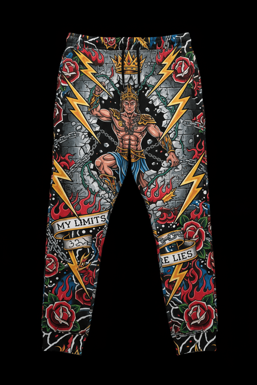 Titan Sport sweatpants featuring a broken-chain king graphic, roses, flames, and the text "My Limits Are Lies."