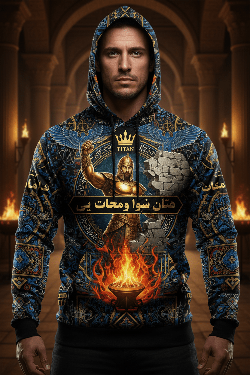 Titan Sport hoodie featuring a warrior breaking a stone wall above flames, symbolizing strength and triumph.