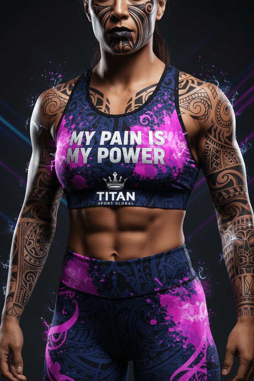 Titan Sport Global sports bra with blue/pink tribal print and "My Pain Is My Power" text on a fit athlete.