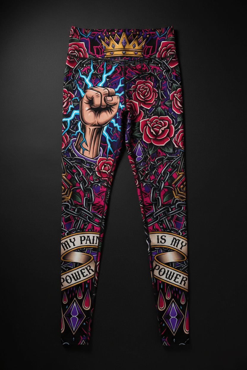Titan Sport leggings featuring roses, a crown, a fist, and "My Pain Is My Power" text in a colorful tattoo-style print.