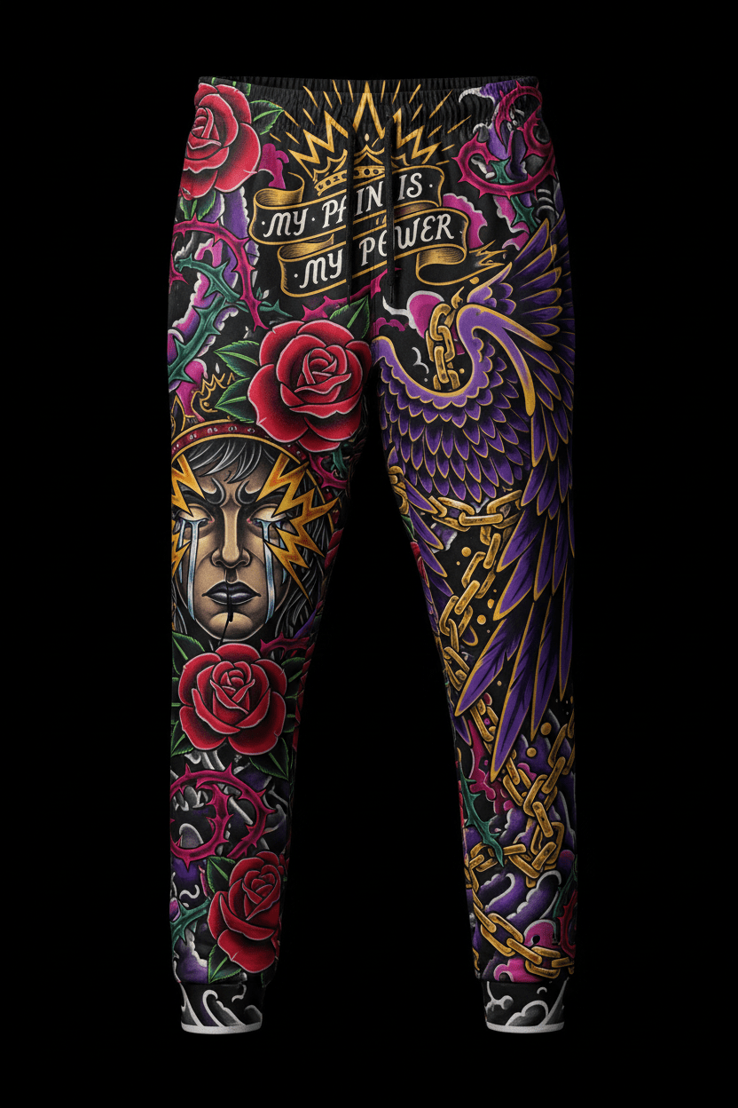 Titan Sport joggers featuring roses, a crying face, and "My Pain Is My Power" text in a vibrant tattoo art style.