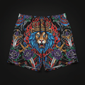 Titan Sport Global shorts featuring a crown-wearing lion, swords, and roses print for bold, royal-inspired motivation.