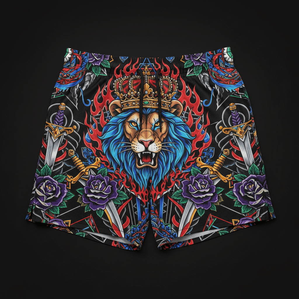 Titan Sport Global shorts featuring a crown-wearing lion, swords, and roses print for bold, royal-inspired motivation.