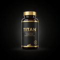 TITAN Omega-3 bottle: sleek black label, gold typography, gold cap, and gold wave icon against a black background.