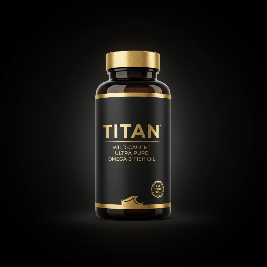 TITAN Omega-3 bottle: sleek black label, gold typography, gold cap, and gold wave icon against a black background.