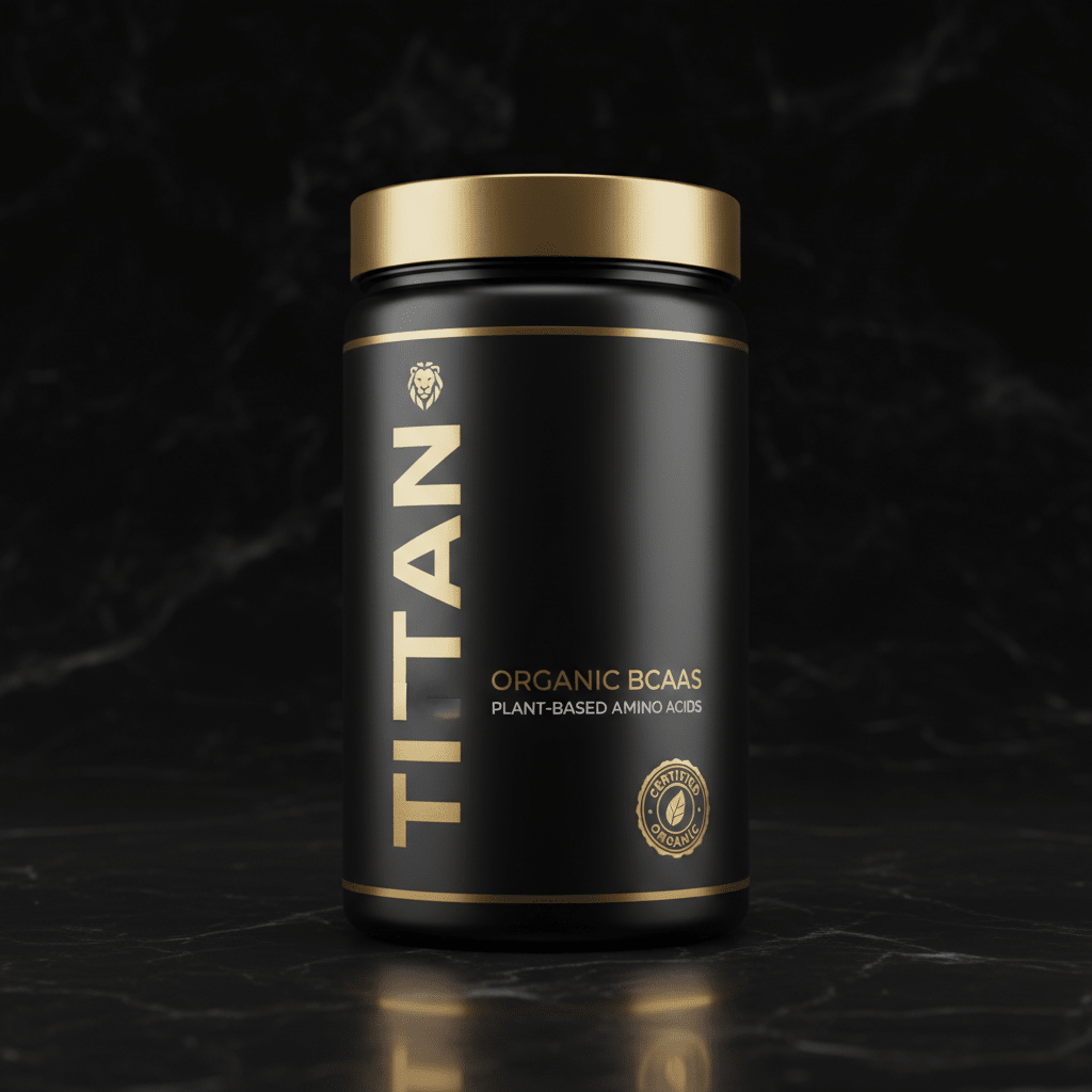 Black matte supplement tub with gold lid, "TITAN" logo, and "Organic BCAAs" text on a black marble surface.