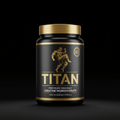 Black jar with gold lid, "TITAN" logo, muscular figure emblem, and "Organic Creatine Monohydrate" text in gold and white.