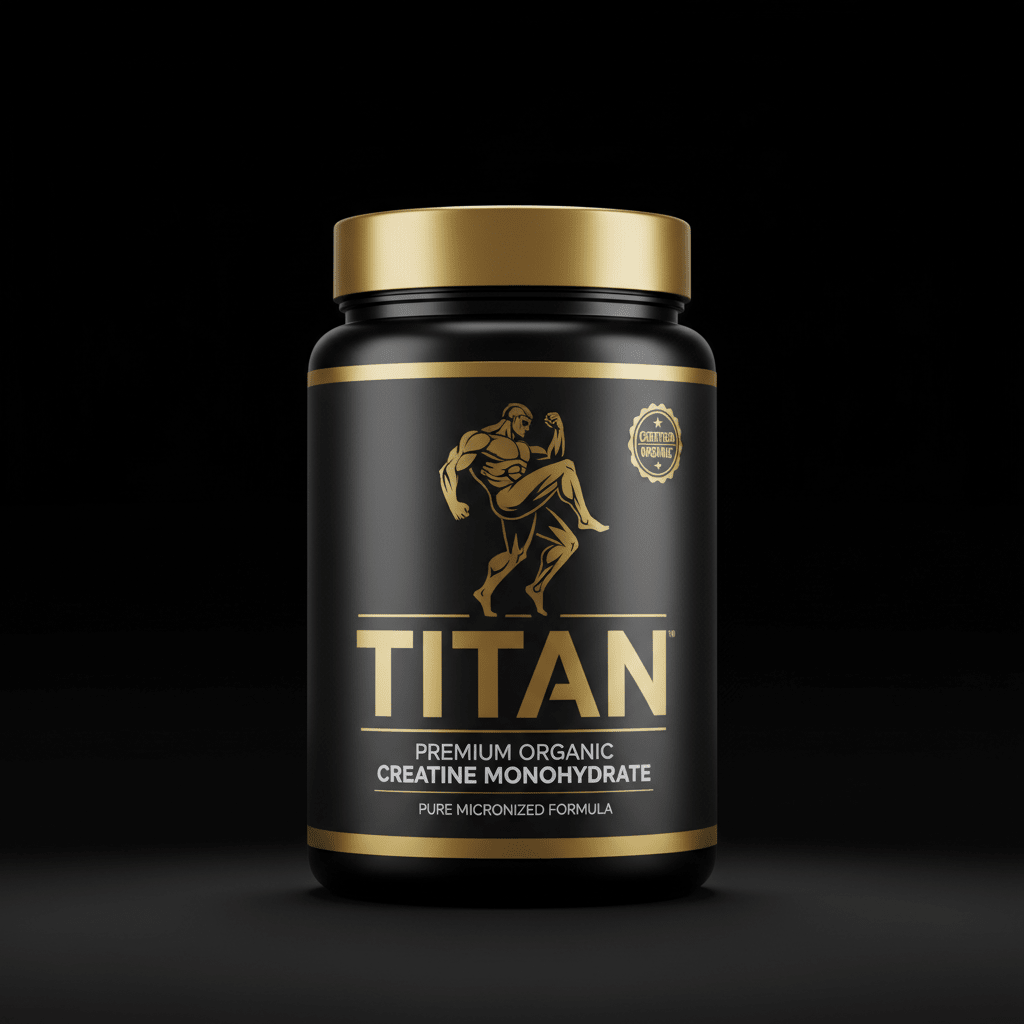 Black jar with gold lid, "TITAN" logo, muscular figure emblem, and "Organic Creatine Monohydrate" text in gold and white.