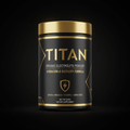 Black jar of Titan organic electrolyte powder with gold lid, text, and lightning bolt shield logo on black background.
