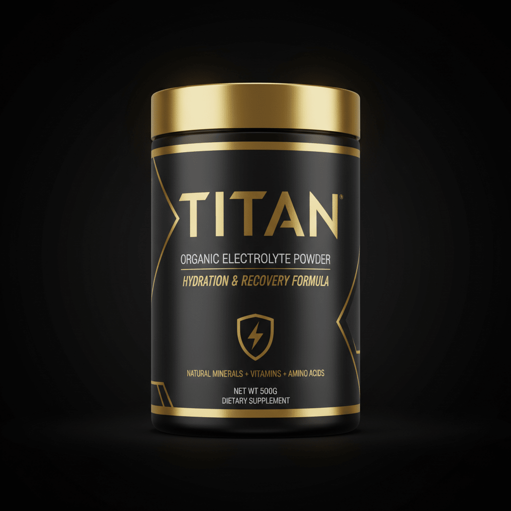 Black jar of Titan organic electrolyte powder with gold lid, text, and lightning bolt shield logo on black background.