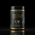 Black and gold TITAN organic greens powder tub with geometric pattern, muscle icon, and text on a black background.