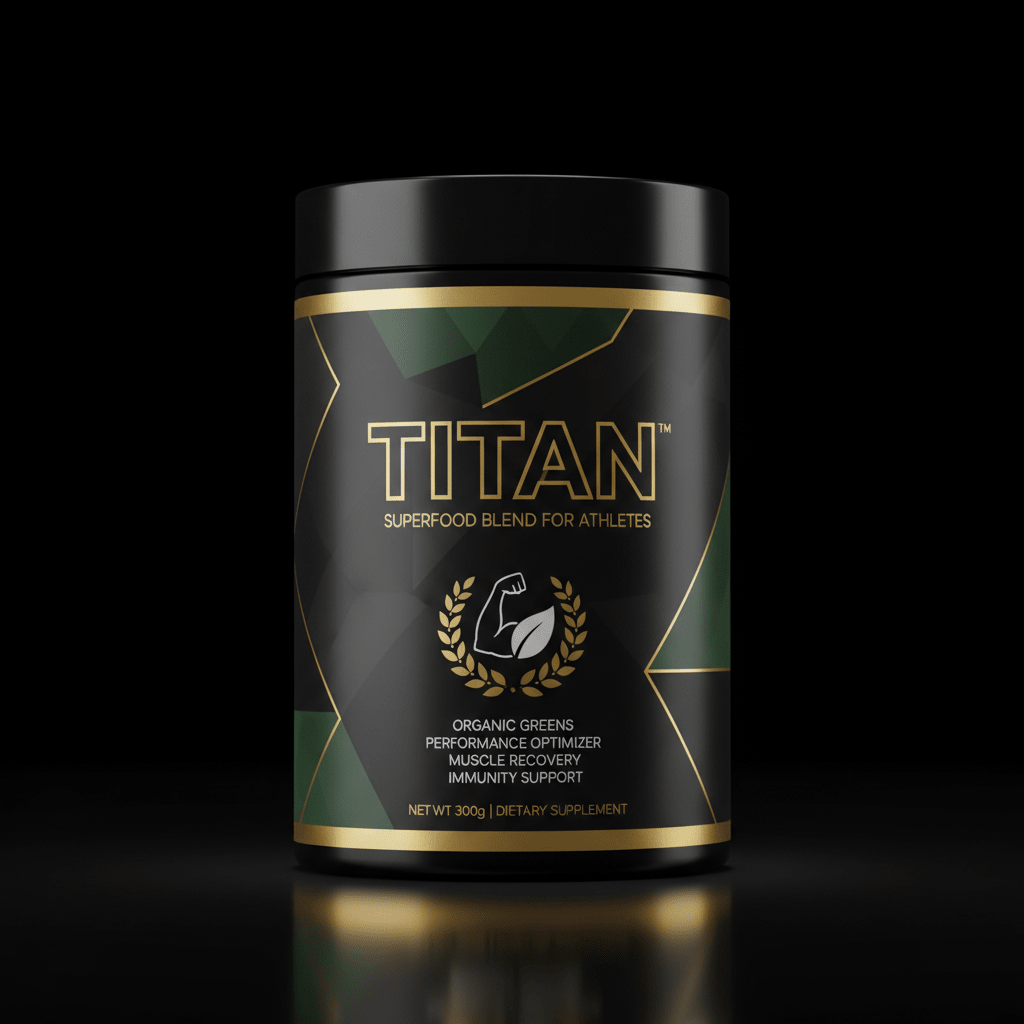 Black and gold TITAN organic greens powder tub with geometric pattern, muscle icon, and text on a black background.