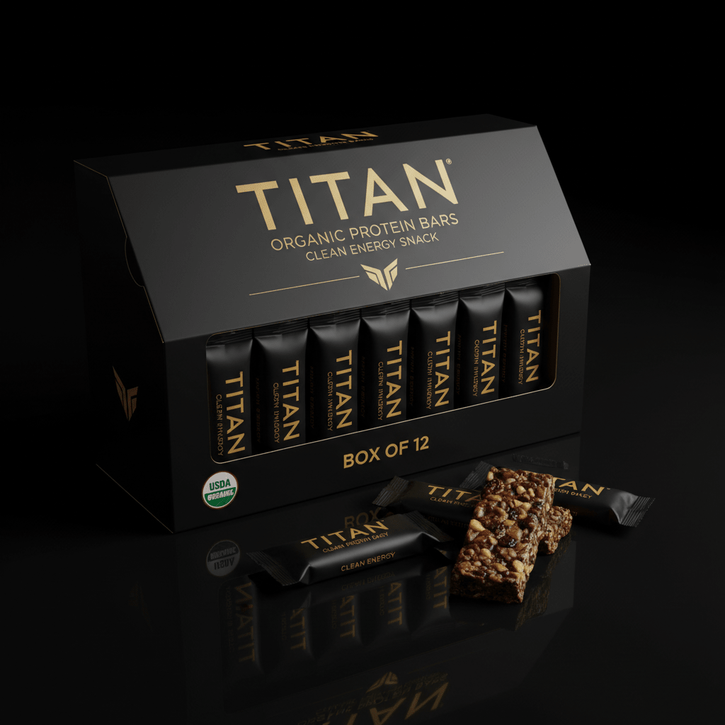 Black 12-pack box of TITAN Organic Protein Bars with gold branding, featuring a textured nut and fruit energy bar.
