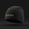 Black TITAN performance athletic beanie with a cuffed brim and metallic gold TITAN logo embroidery.