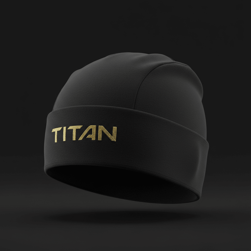 Black TITAN performance athletic beanie with a cuffed brim and metallic gold TITAN logo embroidery.