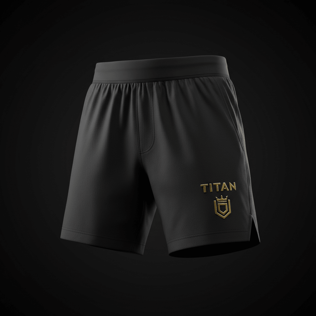 Black performance compression training shorts with a gold TITAN logo and crown shield emblem on the left leg.
