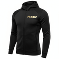 Black zip-up hoodie featuring a gold TITAN logo on the chest, hood, long sleeves, and side pockets.