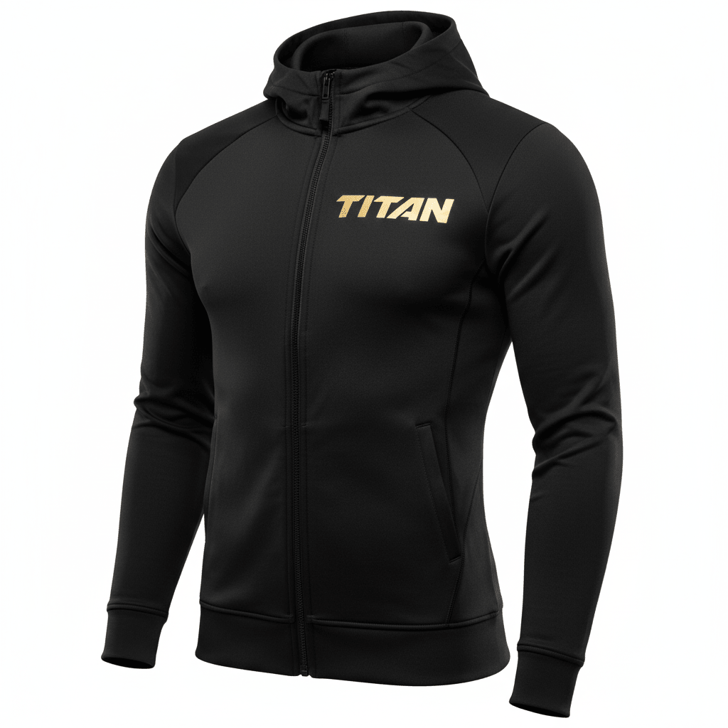 Black zip-up hoodie featuring a gold TITAN logo on the chest, hood, long sleeves, and side pockets.
