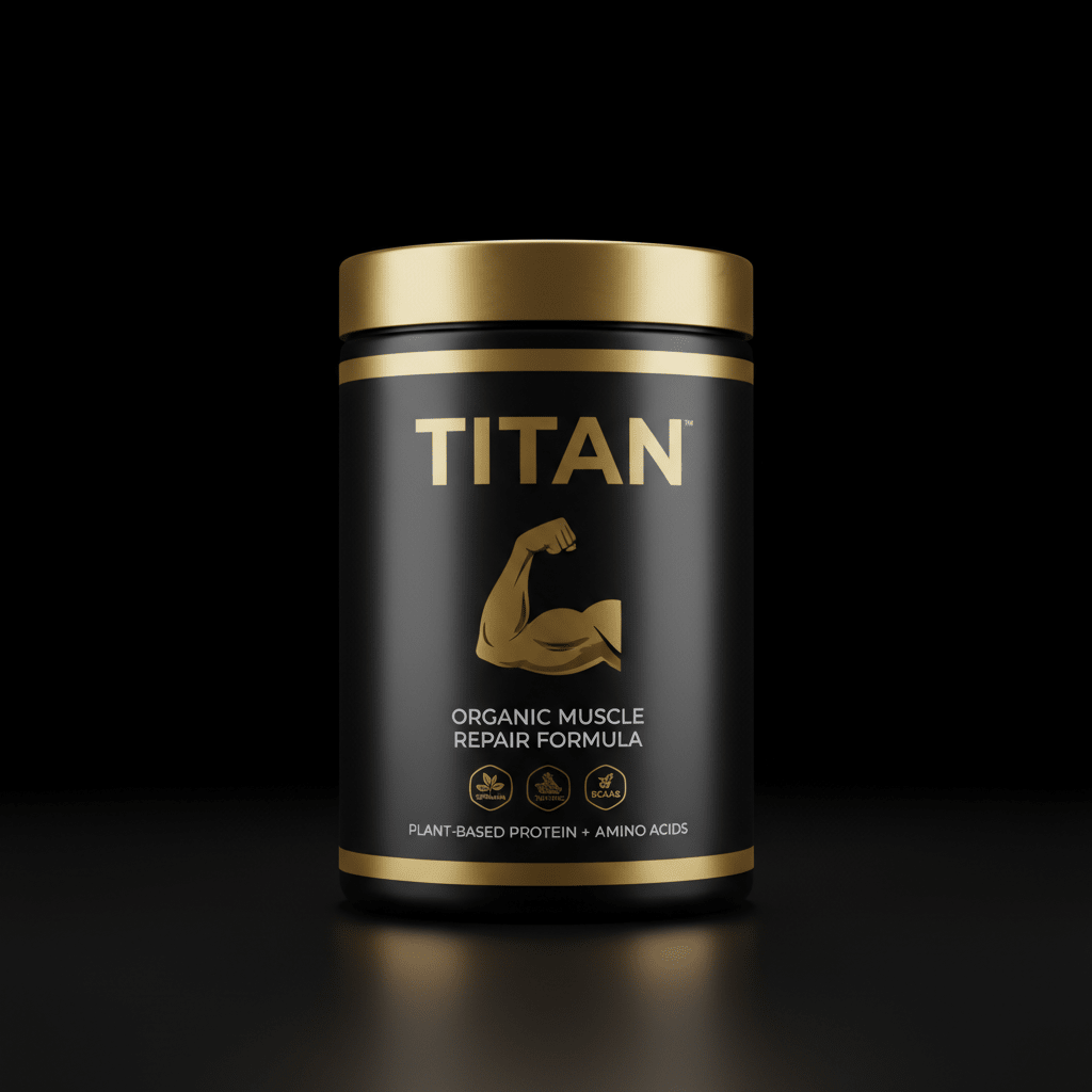 Black and gold TITAN post-workout container with a flexed bicep icon, labeled Organic Muscle Repair Formula.