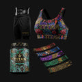 TITAN SPORT gear including black athletic shorts, a floral crown-print sports bra, supplement tub, and branded bands.