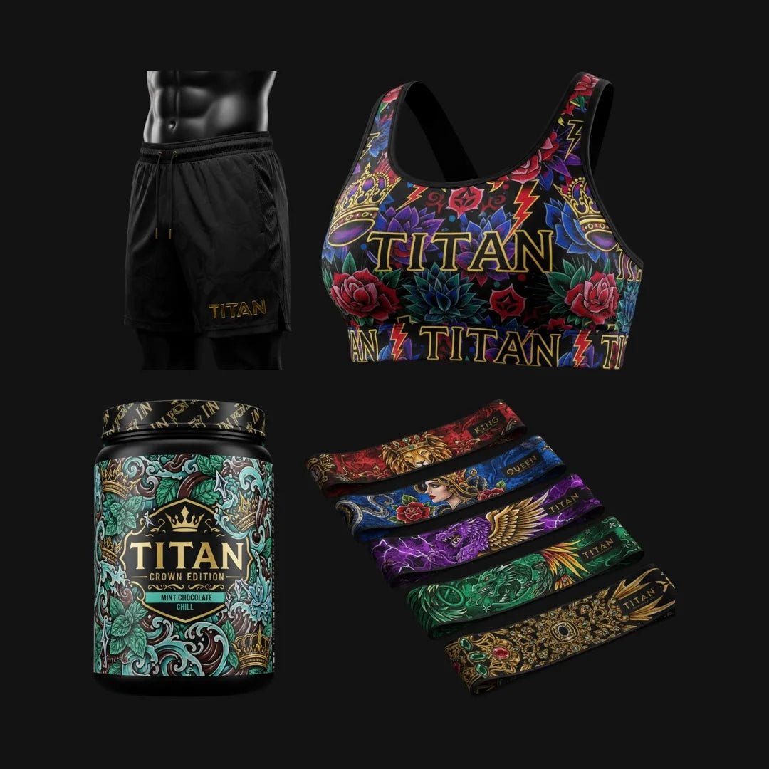 TITAN SPORT gear including black athletic shorts, a floral crown-print sports bra, supplement tub, and branded bands.