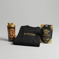 Titan Starter Reign set: Lion-print shaker, black Titan performance tee, and Pacific Island Coconut Lime Tuna pouch.