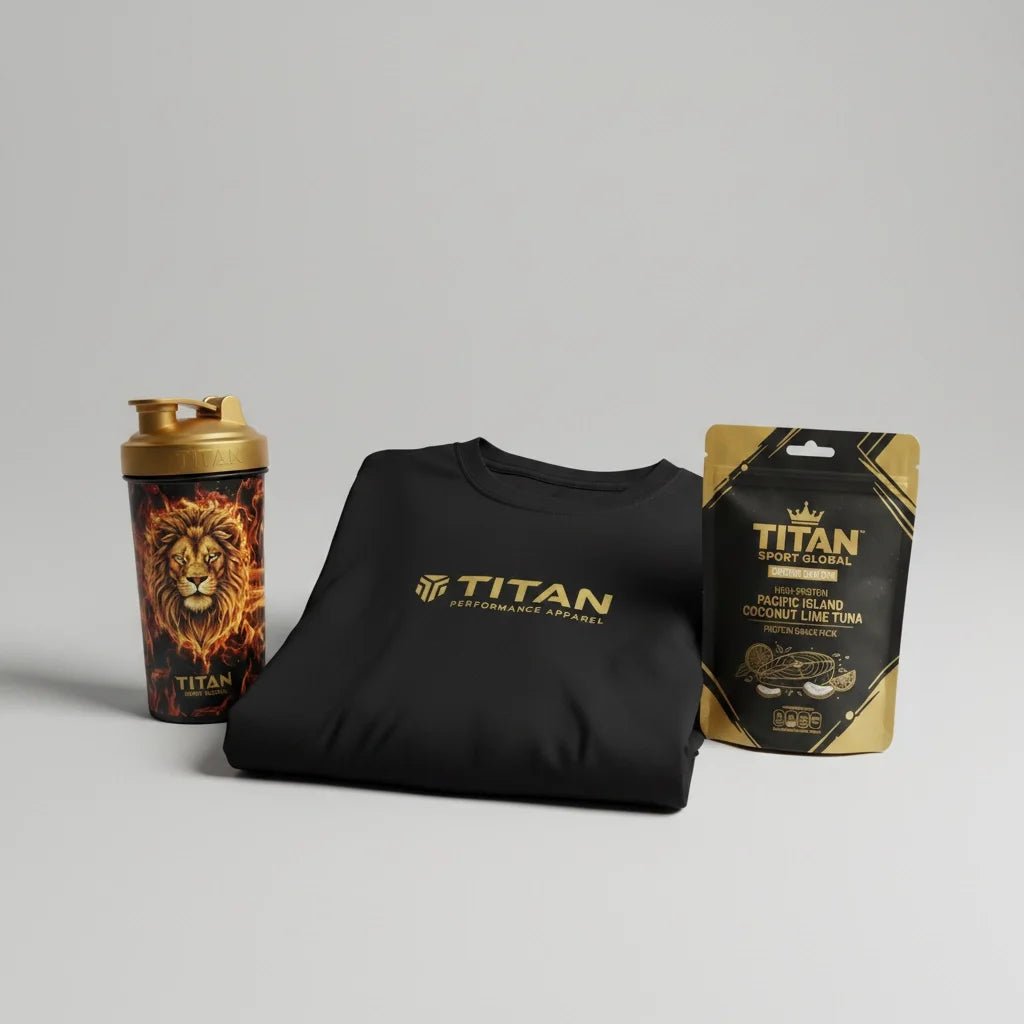 Titan Starter Reign set: Lion-print shaker, black Titan performance tee, and Pacific Island Coconut Lime Tuna pouch.