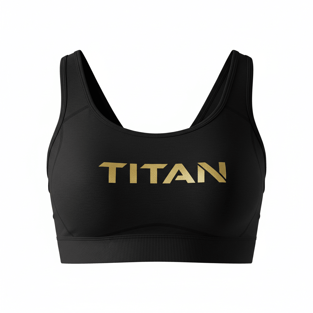 Black TITAN sports bra with a wide ribbed hem, scoop neckline, and metallic gold logo centered on the chest.