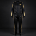 TITAN Sport black streetwear tracksuit with gold stripes, zippers, and Queen Crown logo embroidery on the jacket.